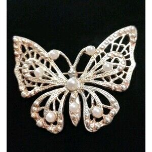 AAI Gold & Silver Tone Butterfly Brooch W/ Faux Pearls